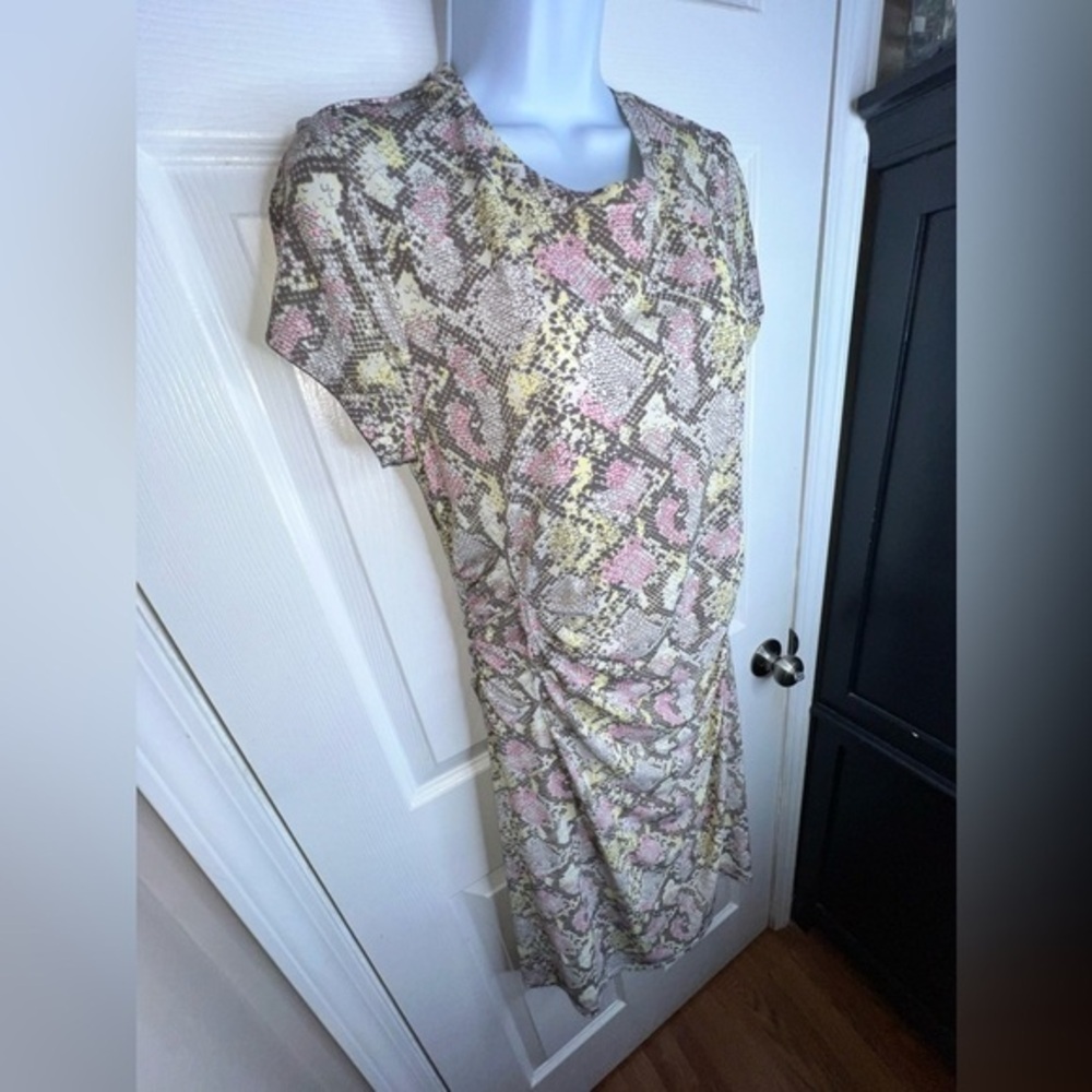NWT Nine West Womens Large Pastel Snake Print Ruched Jersey Sheath Dress L